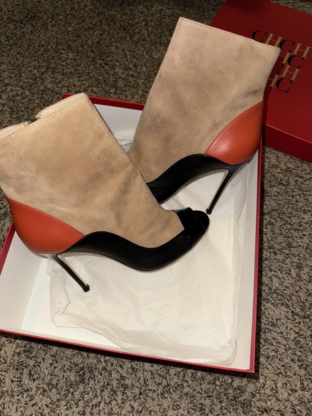 CH Carolina Herrera Suede & Leather Colorblock Ankle Boots in Beige/Black/Orange